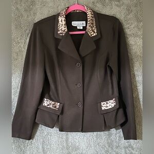 Womens Brown Blazer with Patterned Trim